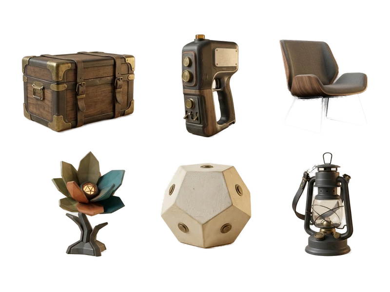 A collection of distinct reference-art concepts for 3D generation
